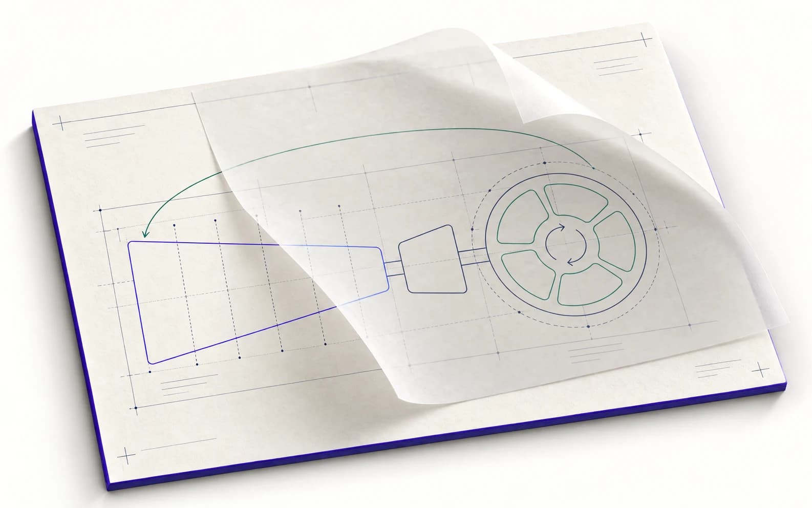 O Mapa de Performance de Receita desenhado em papel técnico: o funil, a passagem de ativação e o ciclo da base, com a seta da indicação voltando ao topo.
