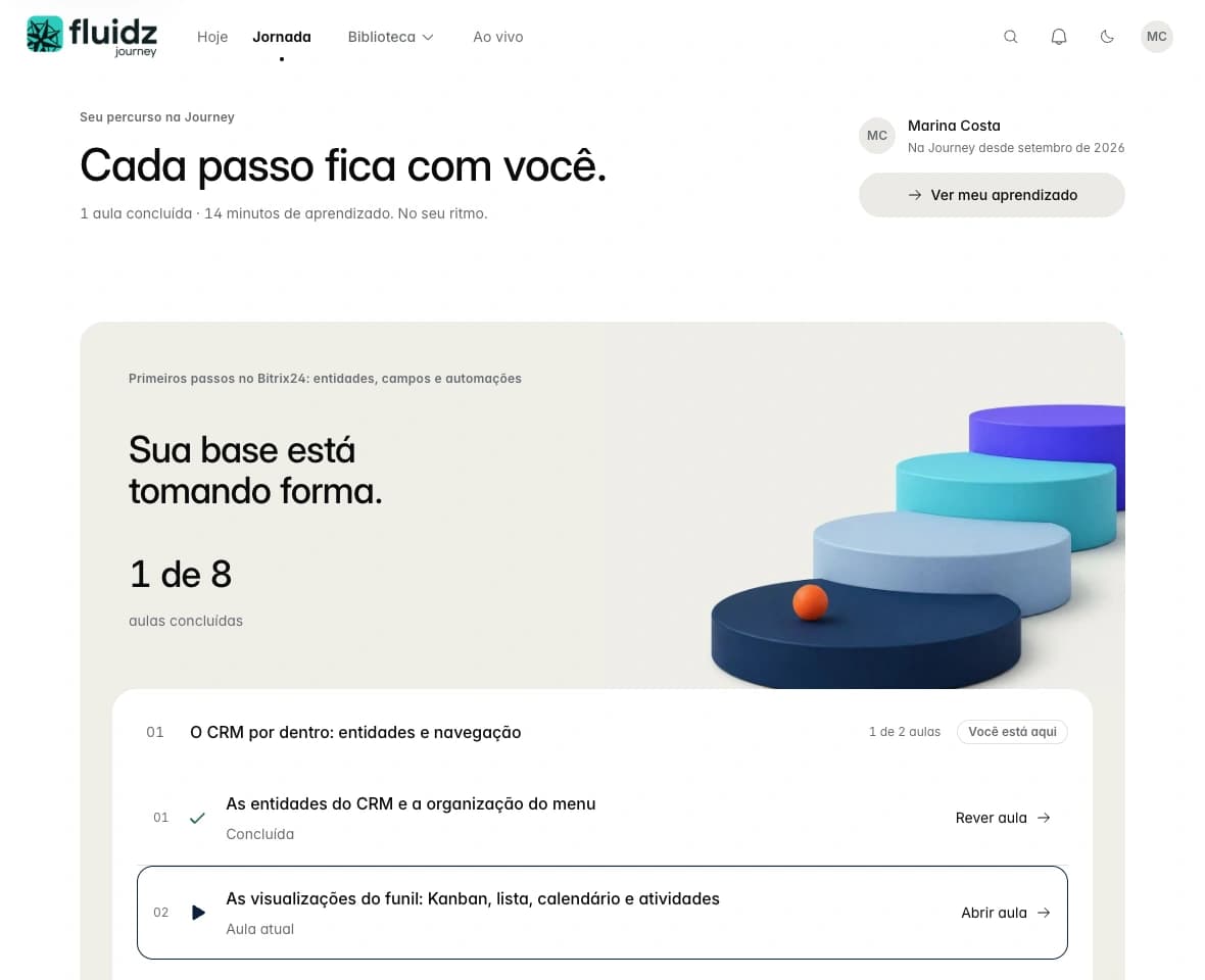 Tela Jornada da Journey: 1 de 8 aulas concluídas no curso Primeiros passos no Bitrix24, com as etapas do percurso e a próxima aula em destaque