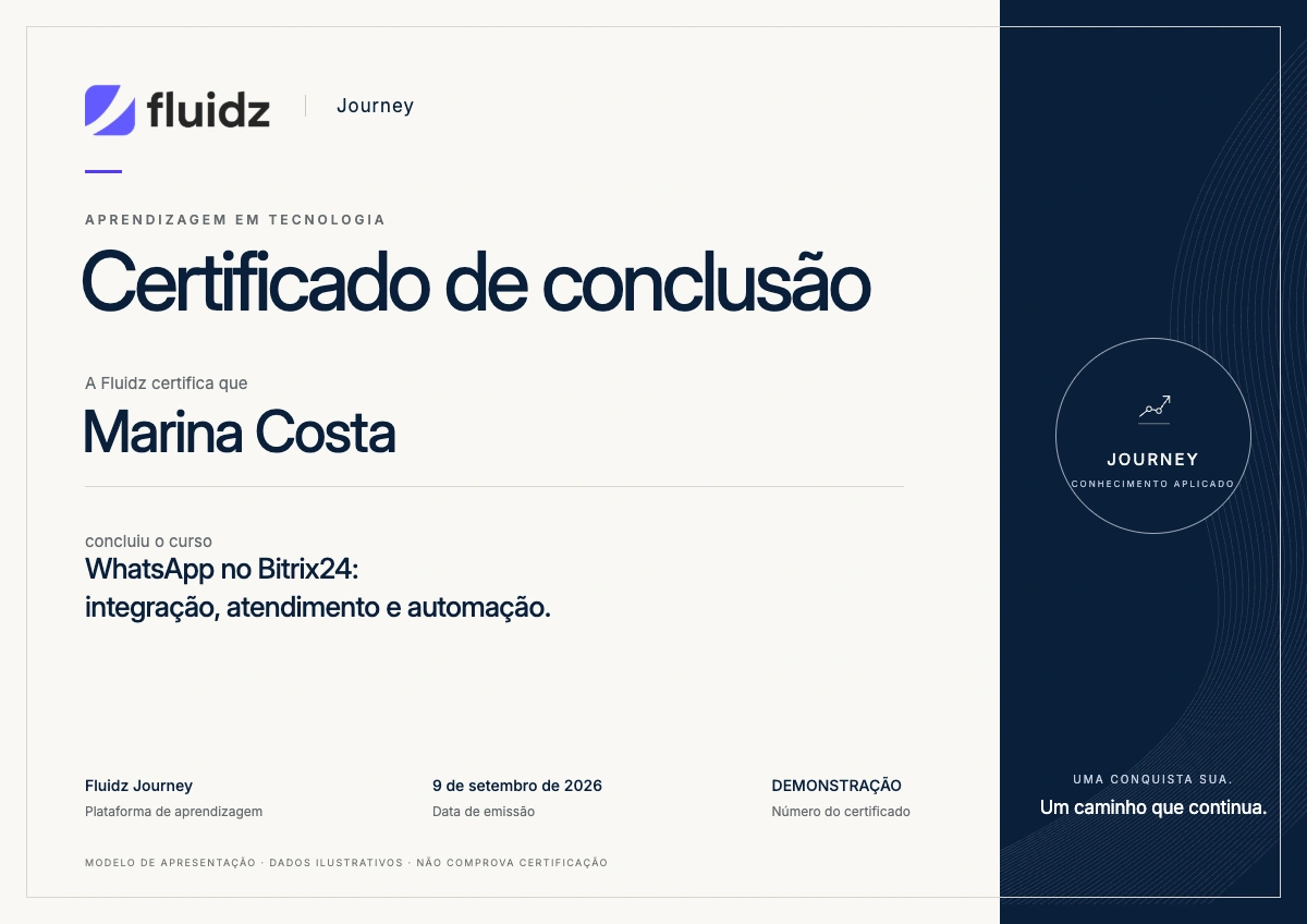 Novo modelo de certificado da Fluidz Journey, com logo Fluidz, nome do participante, curso, número e data. Exemplo ilustrativo em papel claro, detalhes em navy e linhas finas.